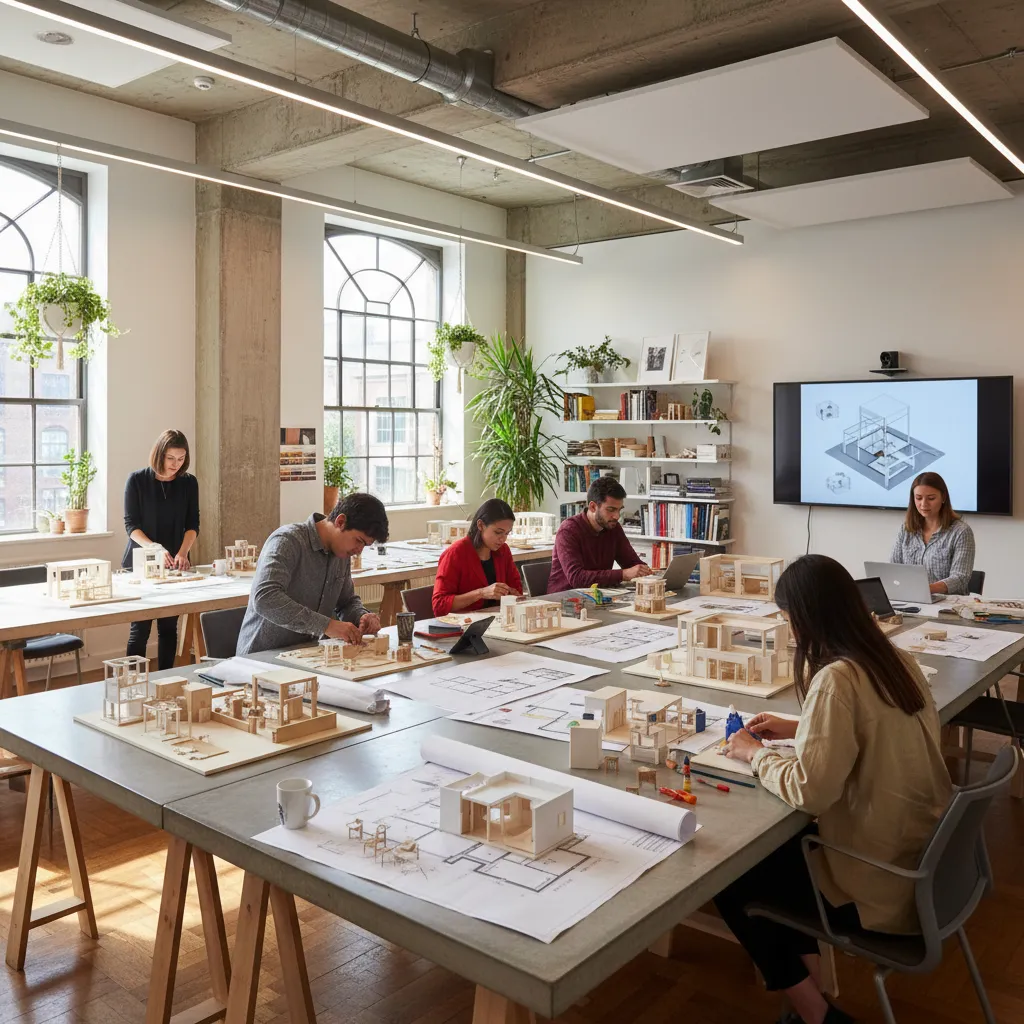 Estudiantes de diseño de interiores trabajando en maquetas y planos
