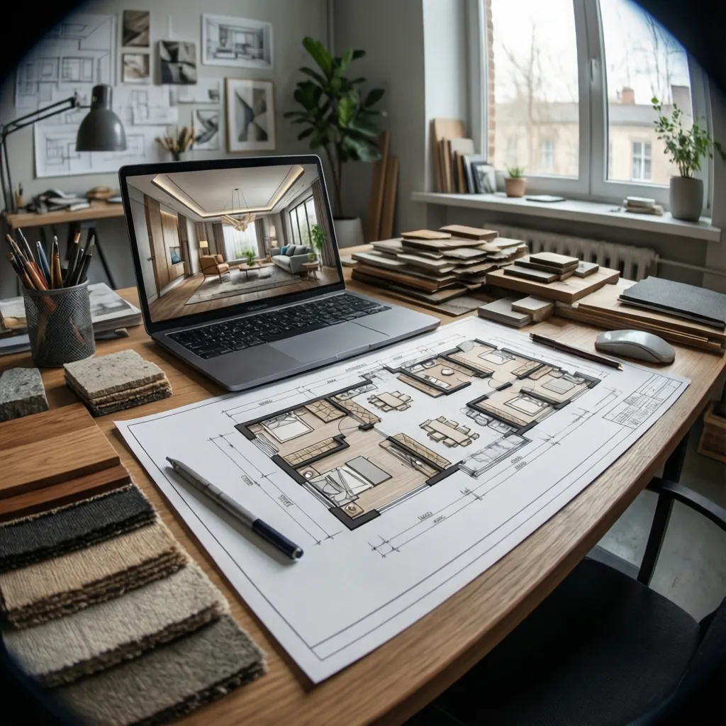 Laptop showing interior design drawing beside room layout paper and fabric samples on wooden desk
