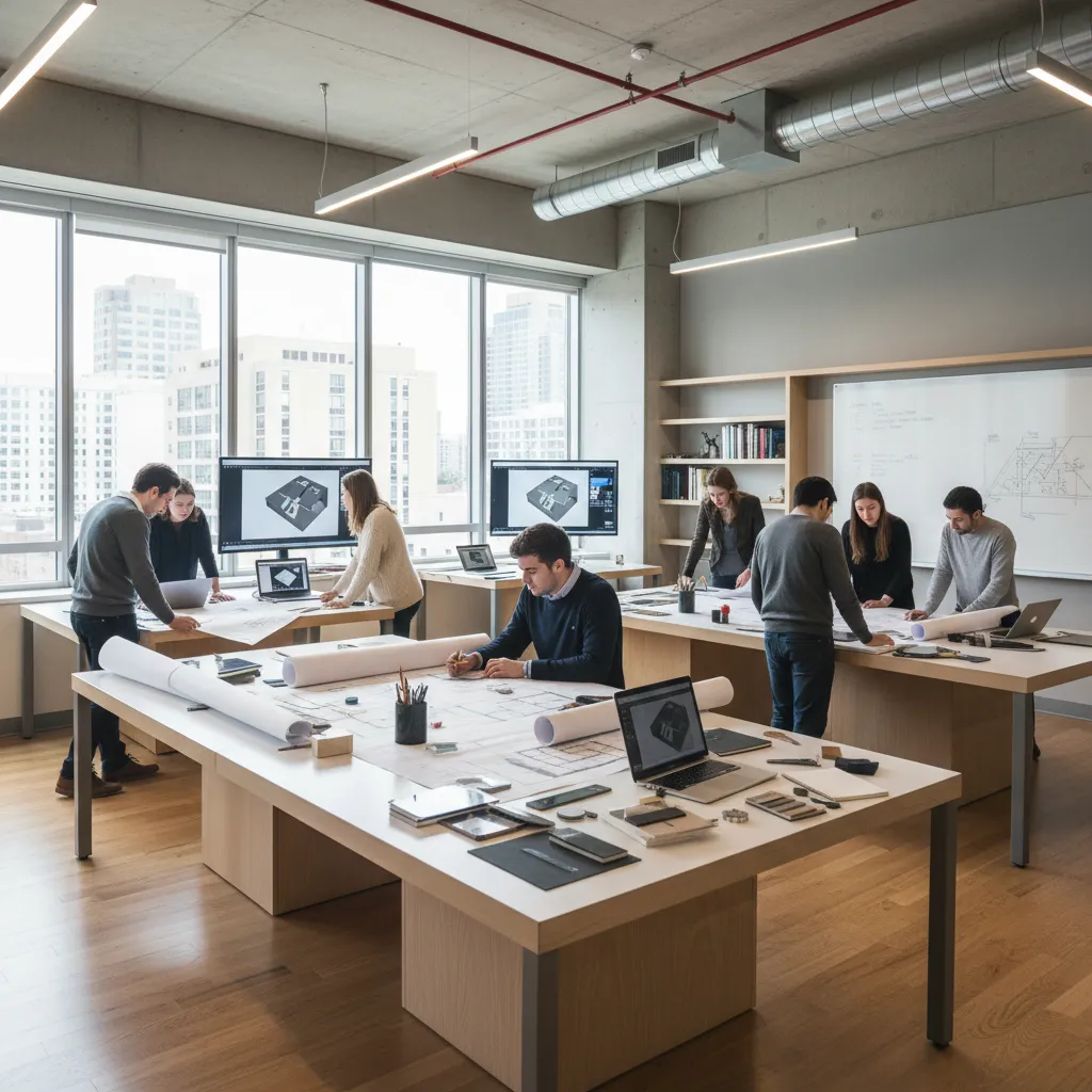 Interior design students working on floor plan drawings and computer screens in a bright workspace