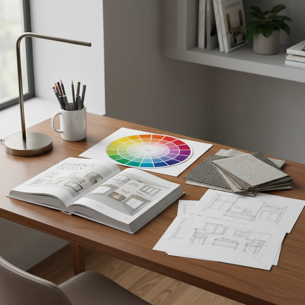 Persona revisando materiales de decoración y teoría de color en un escritorio