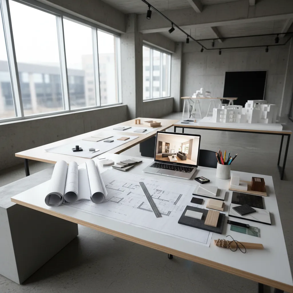 Modern interior design workspace with laptop showing 3D room design and paper drawings on table
