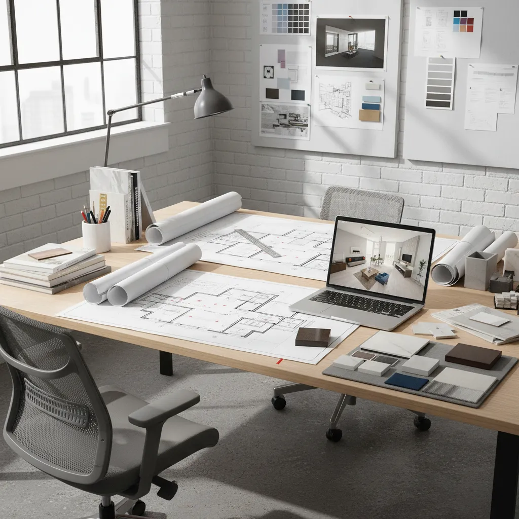 Wooden desk with floor plans, material samples, laptop showing interior design drawing and grey chair