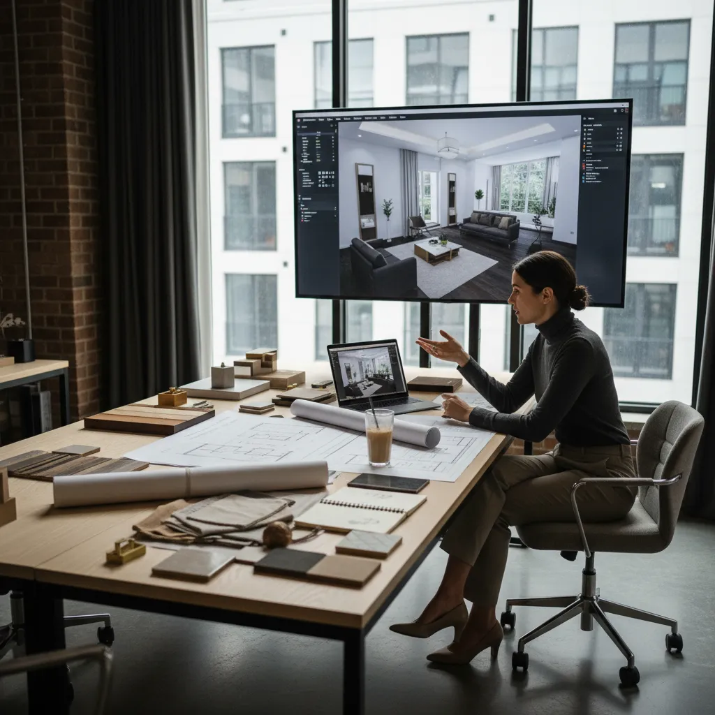 Female interior designer presenting room layout on large screen with floor plans and material samples