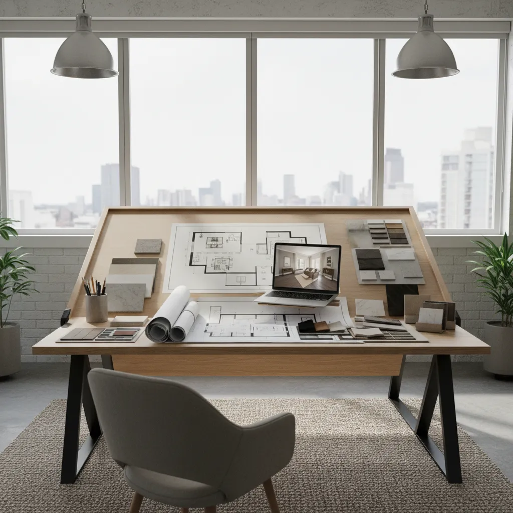 Interior design drawing desk with laptop showing a living room and paper room layout plans