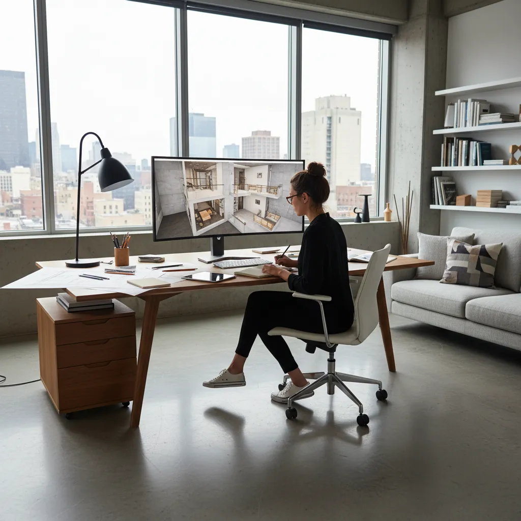 Woman sitting at wooden desk using computer showing interior design drawing in modern city office
