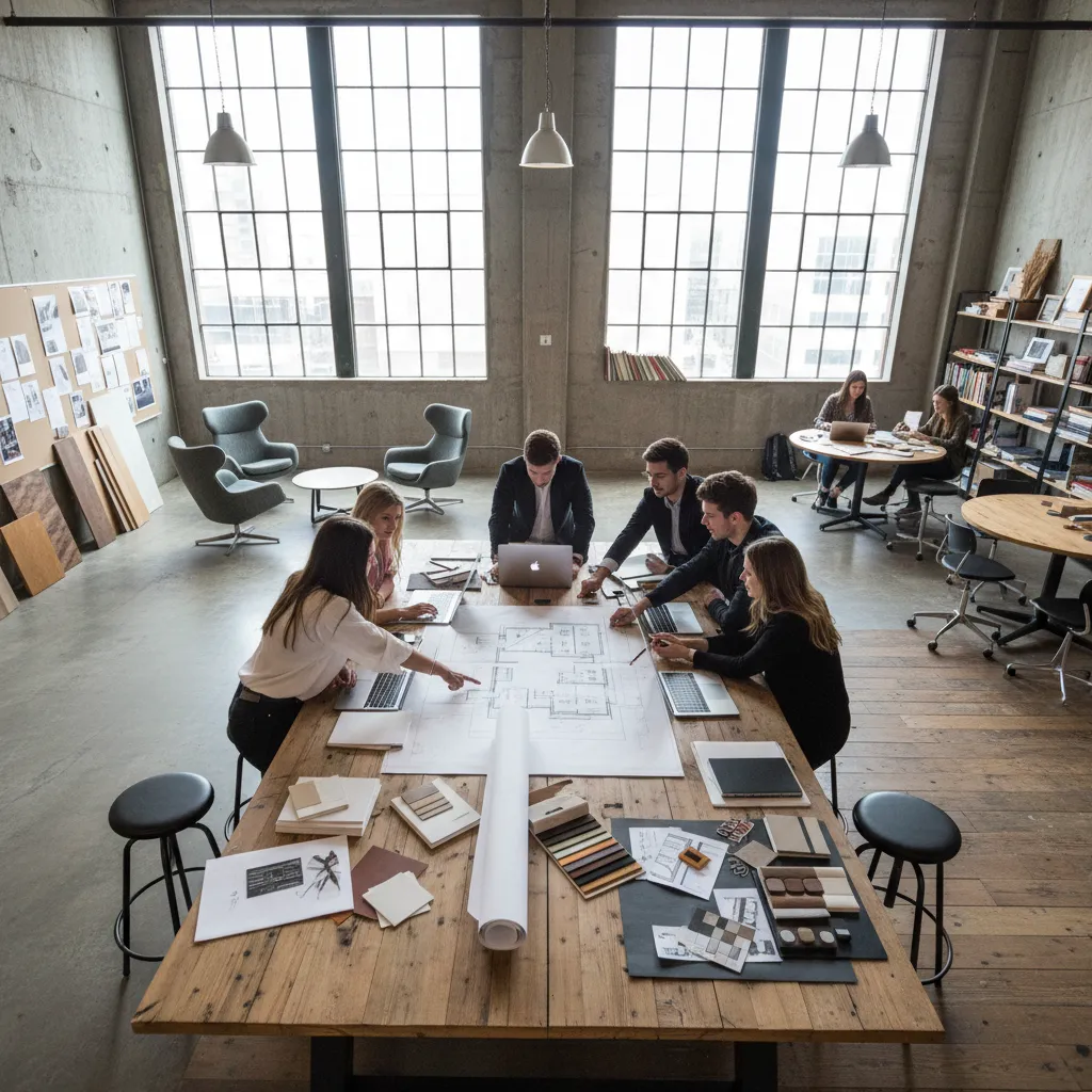 Group of people working on an interior design drawing around a large wooden studio table