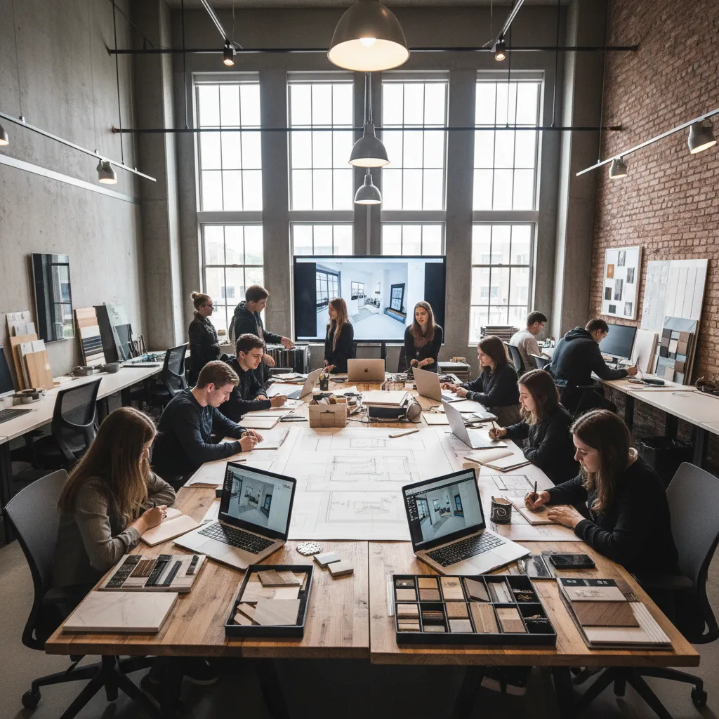 Design students working at a long wooden table with laptops and floor plans in studio