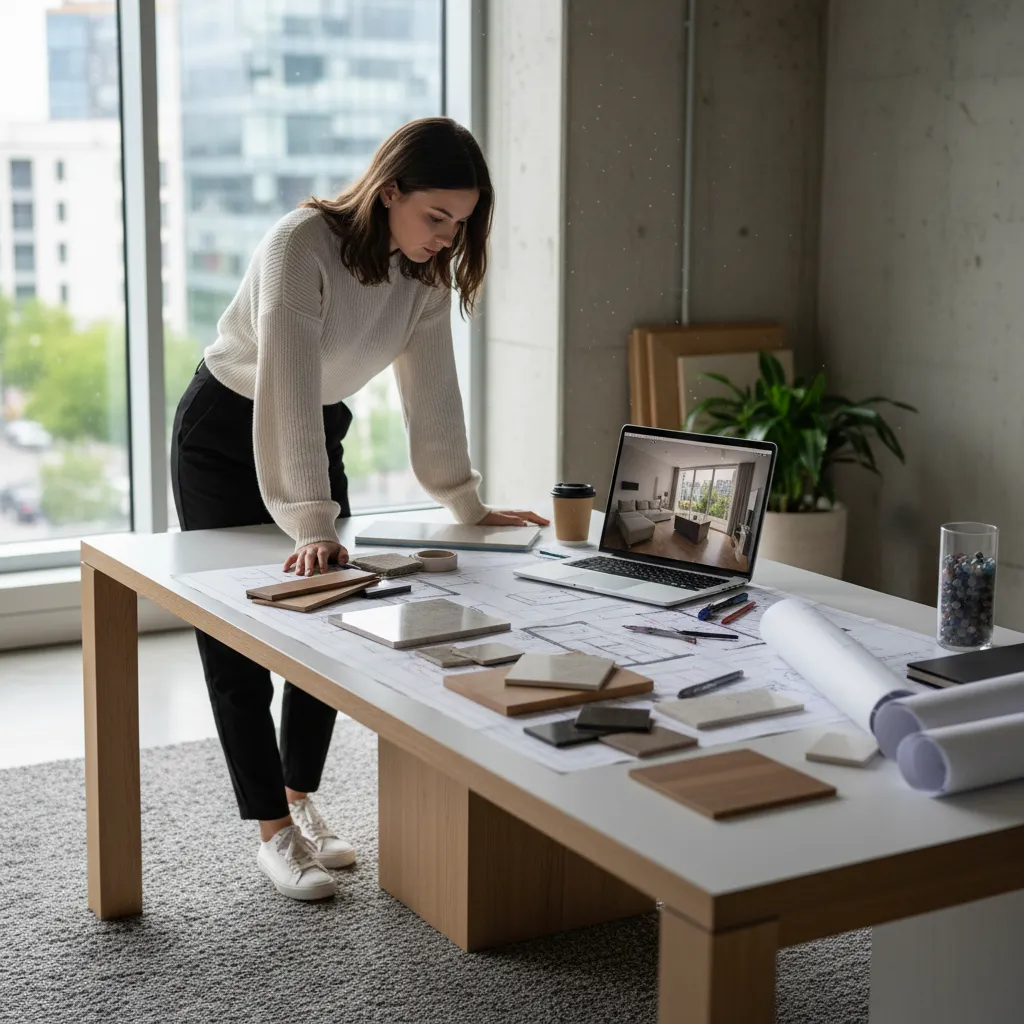 Woman interior designer standing at office desk reviewing floor plans with laptop and material samples