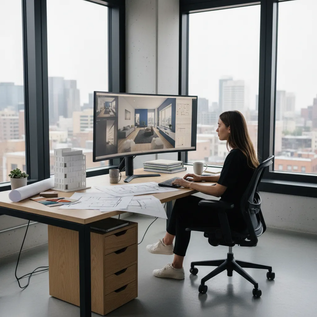 Female designer working on a room layout drawing using a large monitor in the office