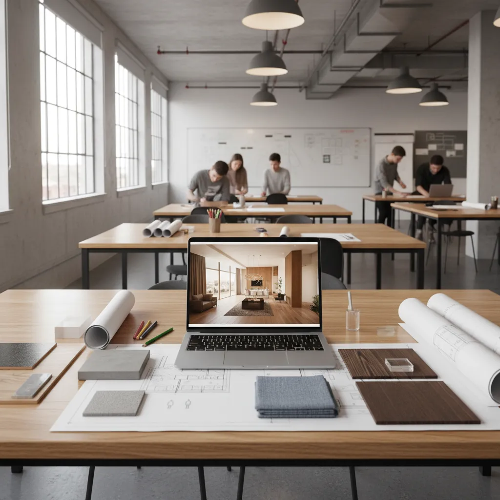 Laptop on desk showing interior design drawing with floor plans material samples and studio background