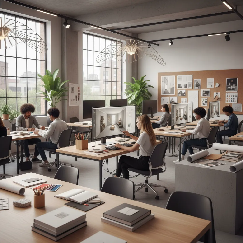 Design students working in a studio using computer software to create modern room layout plans