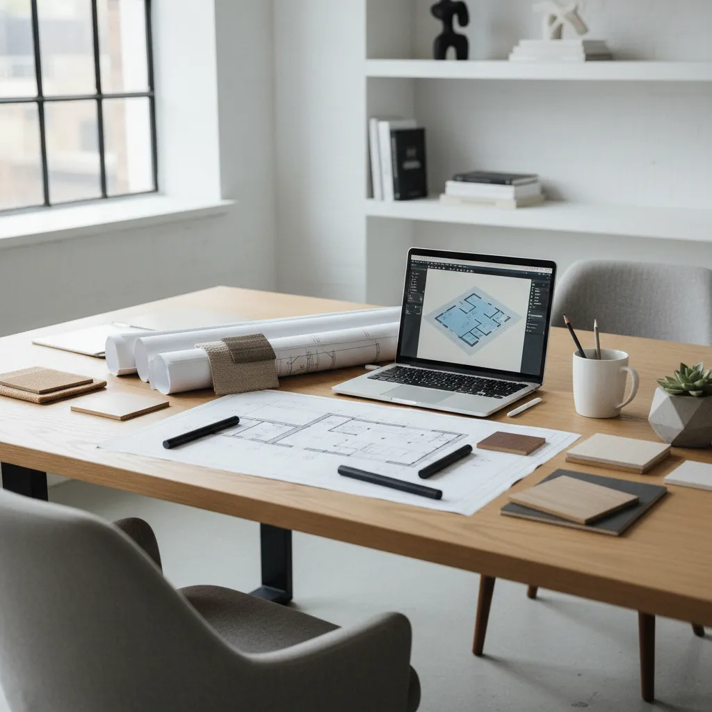 Laptop showing room layout next to paper floor plans and material samples on wooden desk
