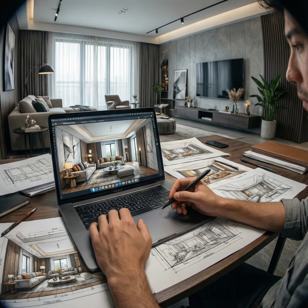 Designer using a laptop to create an interior design drawing with many paper sketches visible