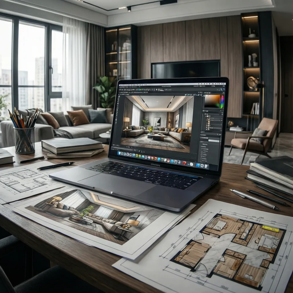 Laptop showing interior design drawing on screen with printed floor plans and beautiful interior drawings