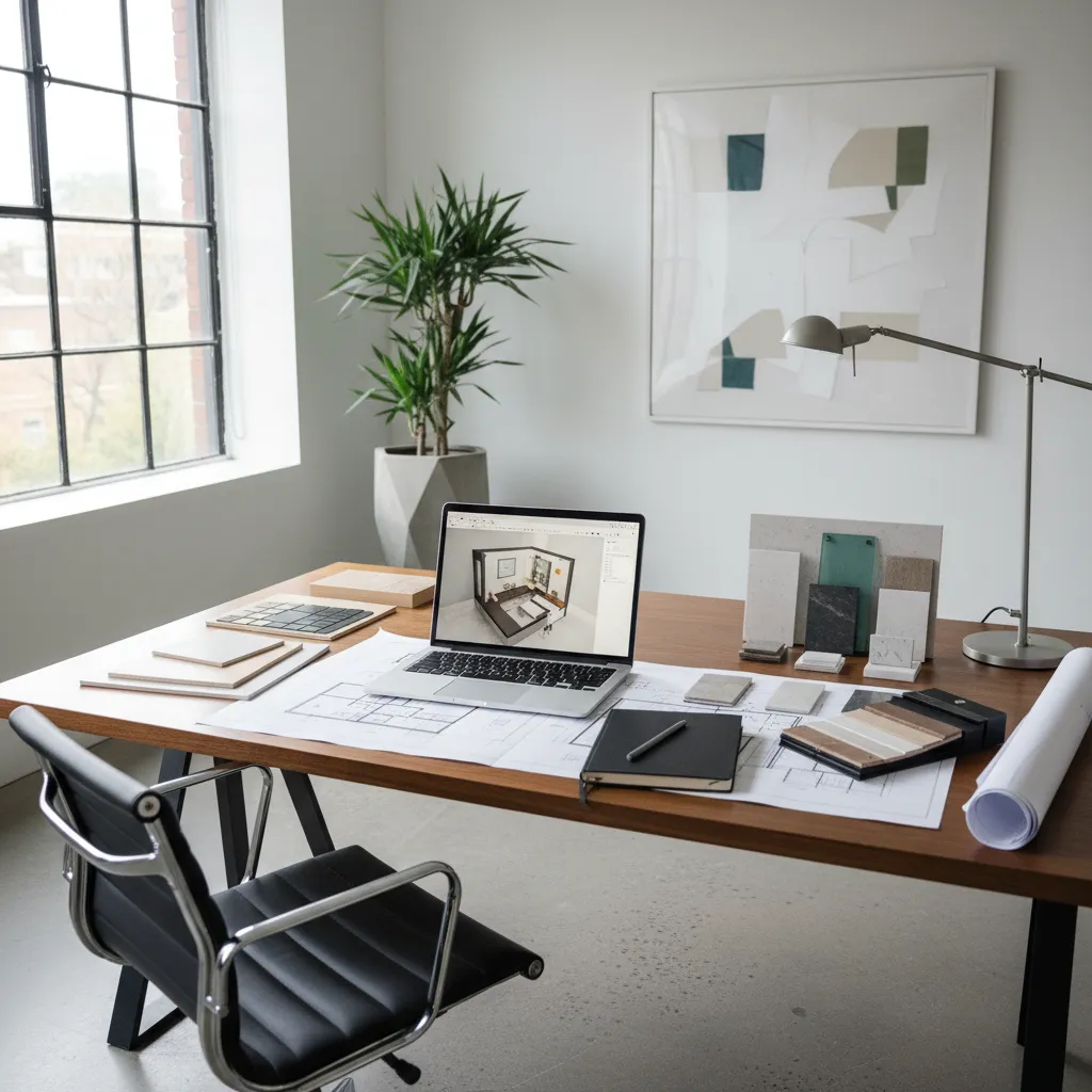 Office desk with laptop showing room design blueprints material samples lamp and a green plant