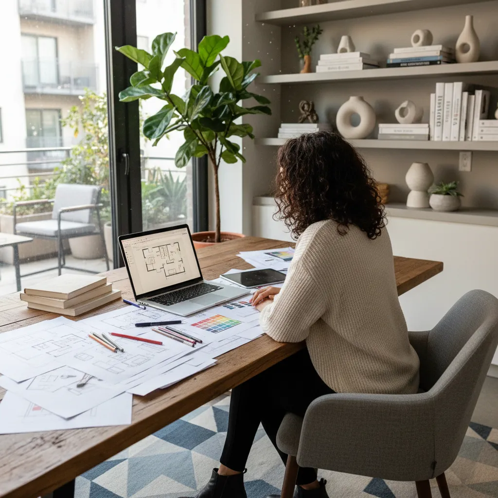 Woman sitting at wooden desk studying interior design with laptop floor plans and color palettes