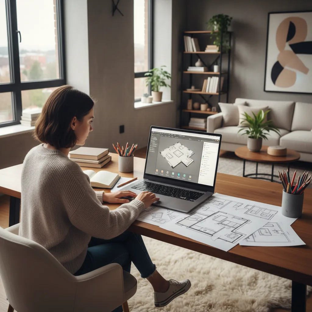 Woman using laptop to edit floor plan design with printed drawings on wooden office desk