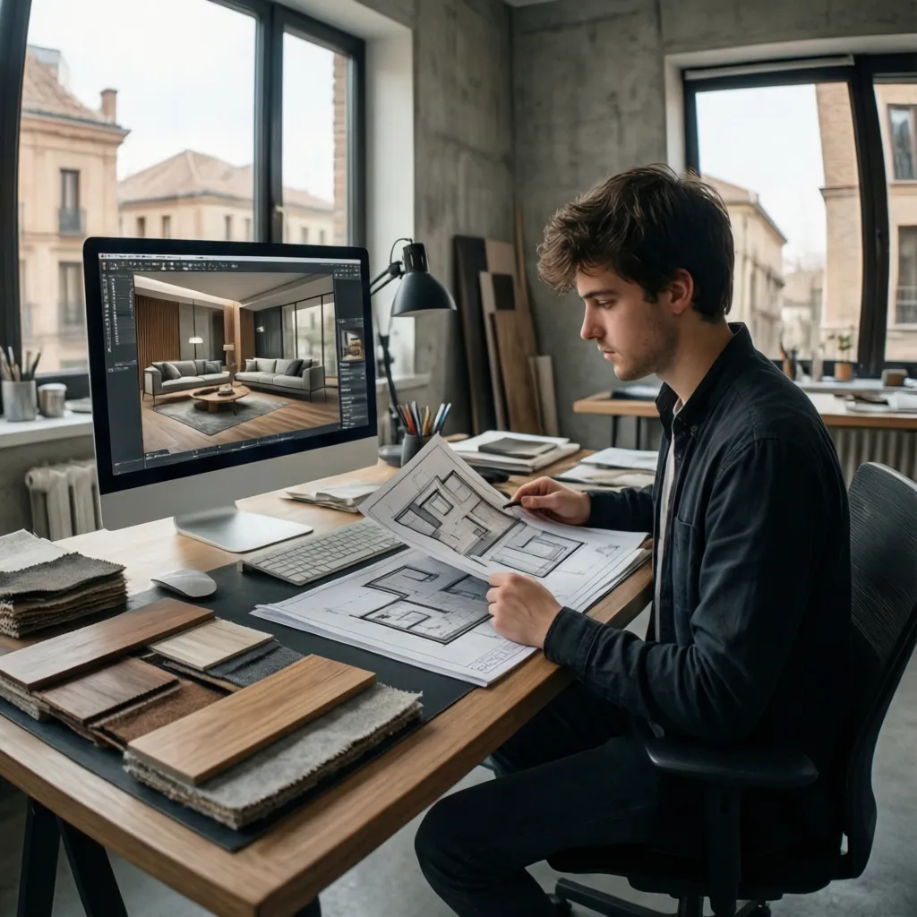 Designer at desk with computer screen showing room design while holding paper floor plan drawings