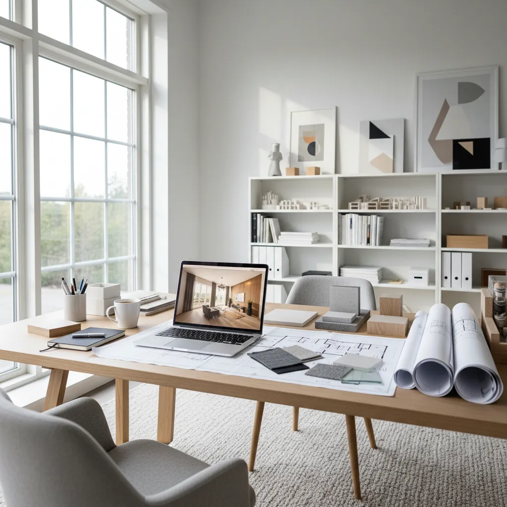Laptop showing interior design drawing on desk with floor plans material samples and paper rolls
