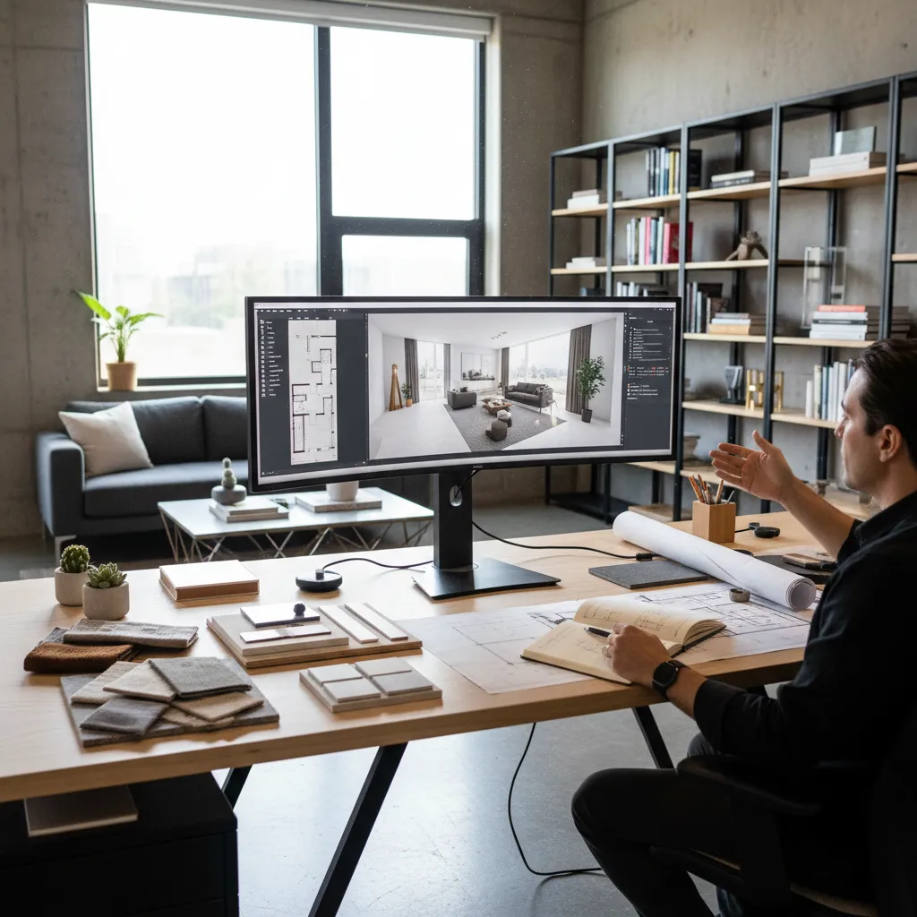 Man at desk viewing an interior design drawing on a wide monitor with samples and sketches