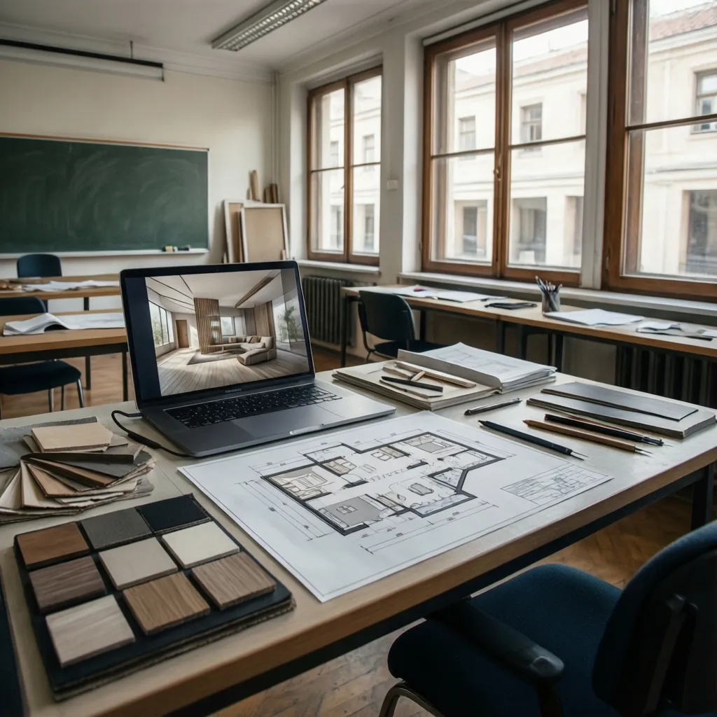 Interior design desk with laptop showing a room drawing floor plan and various material samples