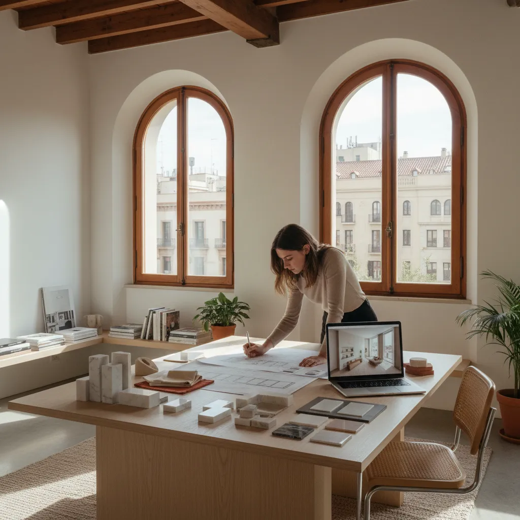 Woman working on floor plans with laptop showing interior design drawing and marble stone samples