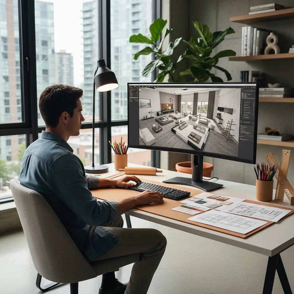 A man sits at a desk using a monitor to create an interior design drawing.
