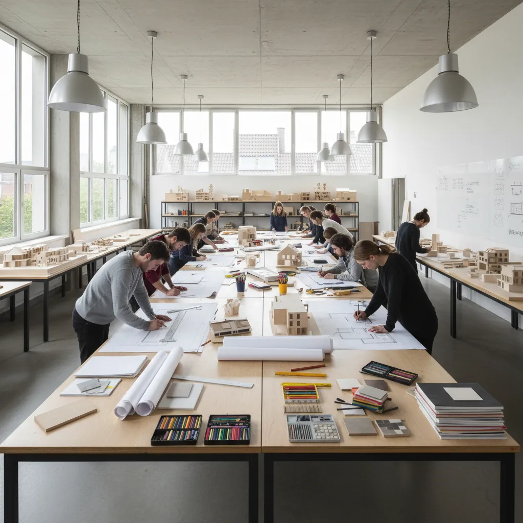 Estudio universitario con estudiantes diseñando planos y maquetas