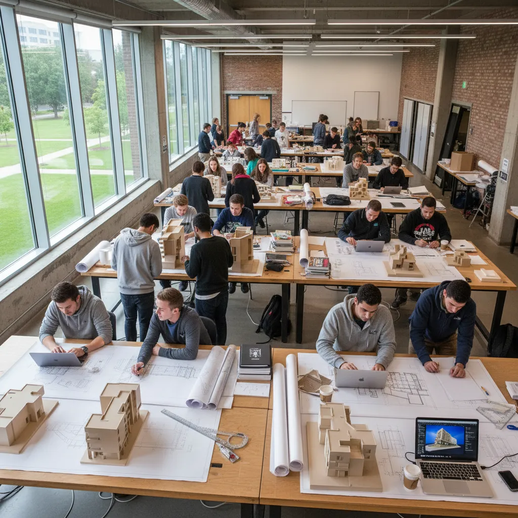 Estudiantes de arquitectura trabajando en maquetas y planos en un taller universitario