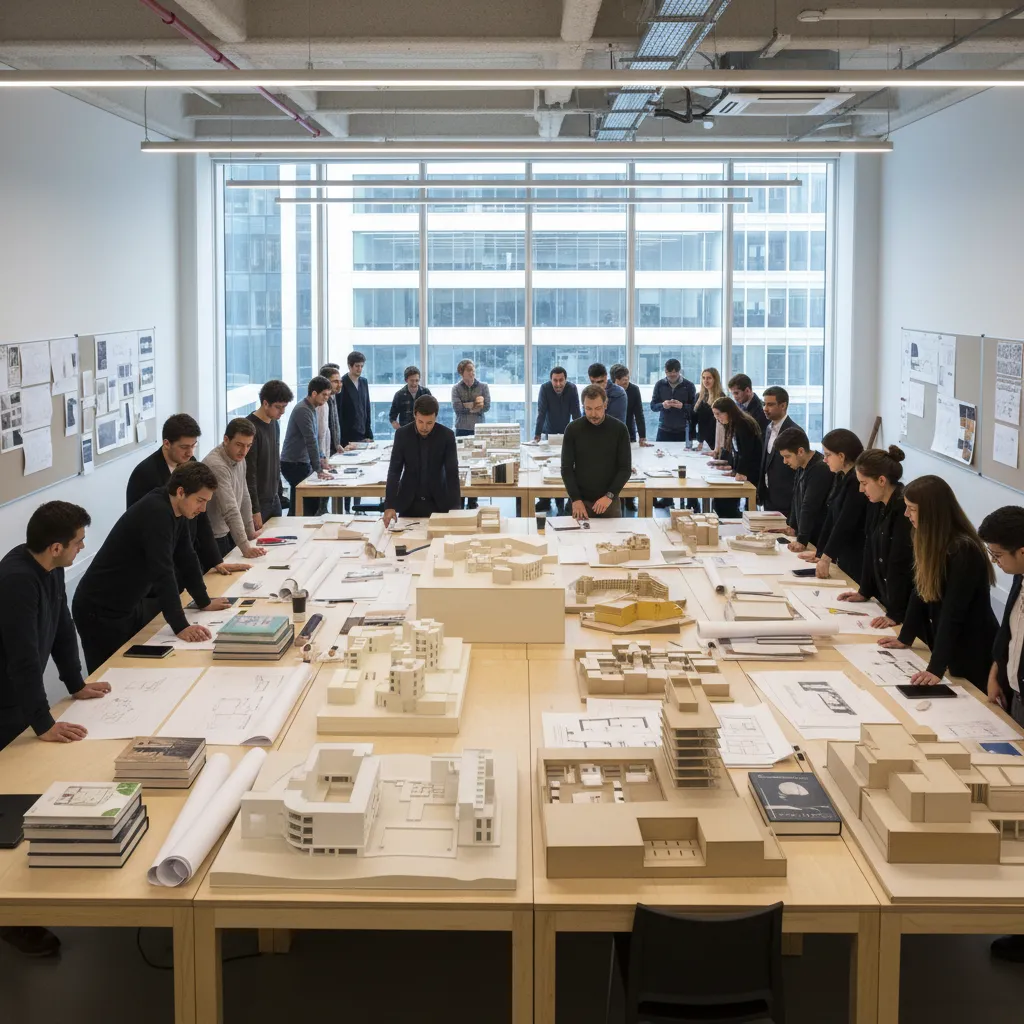 Aula universitaria con estudiantes revisando maquetas arquitectónicas y diseños interiores