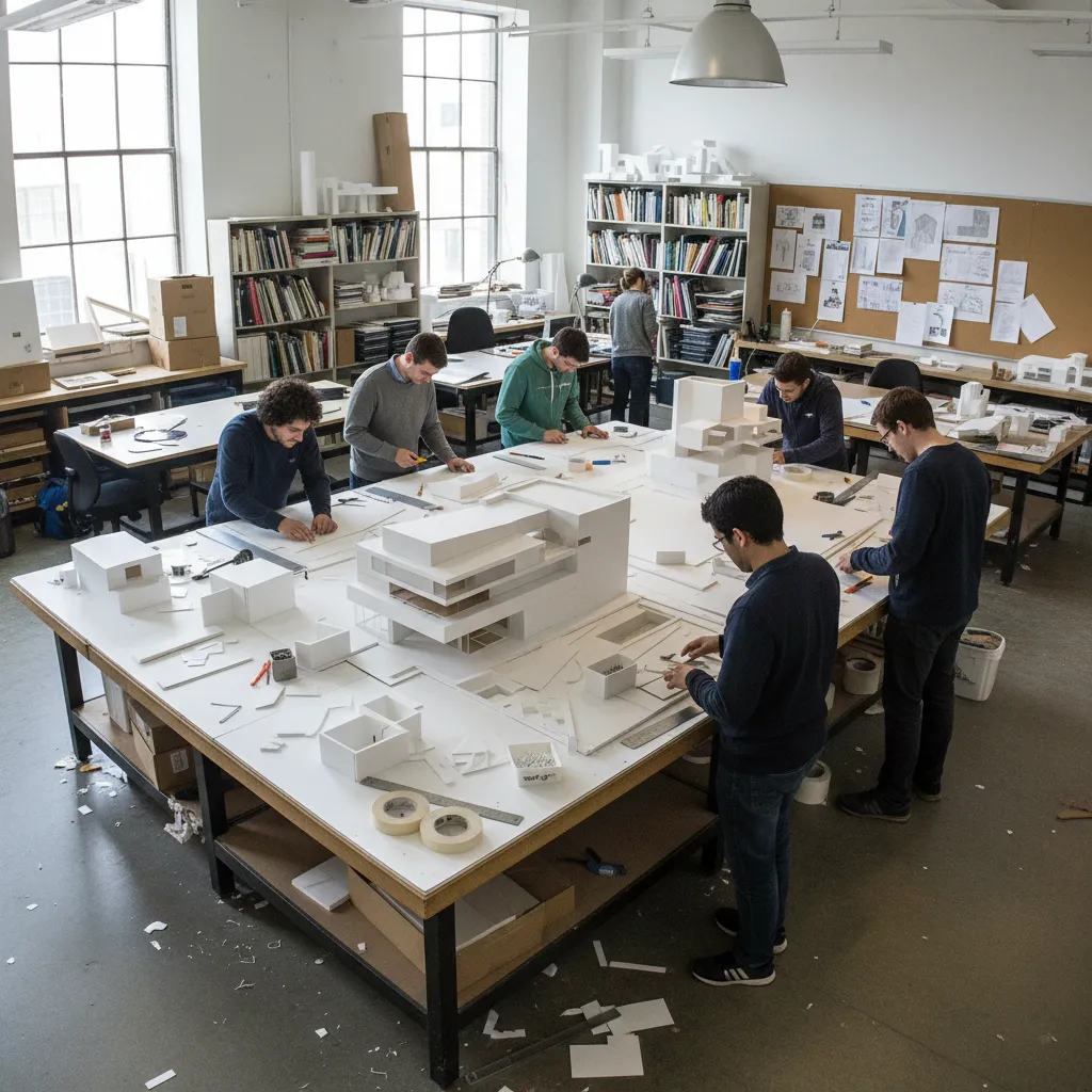 Estudiantes trabajando con maqueta arquitectónica en mesa de estudio