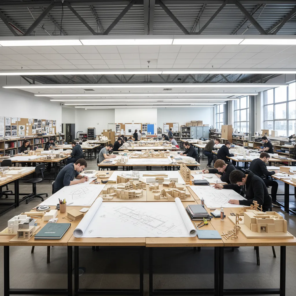 Design studio where people build small house models and draw floor plans on wooden tables