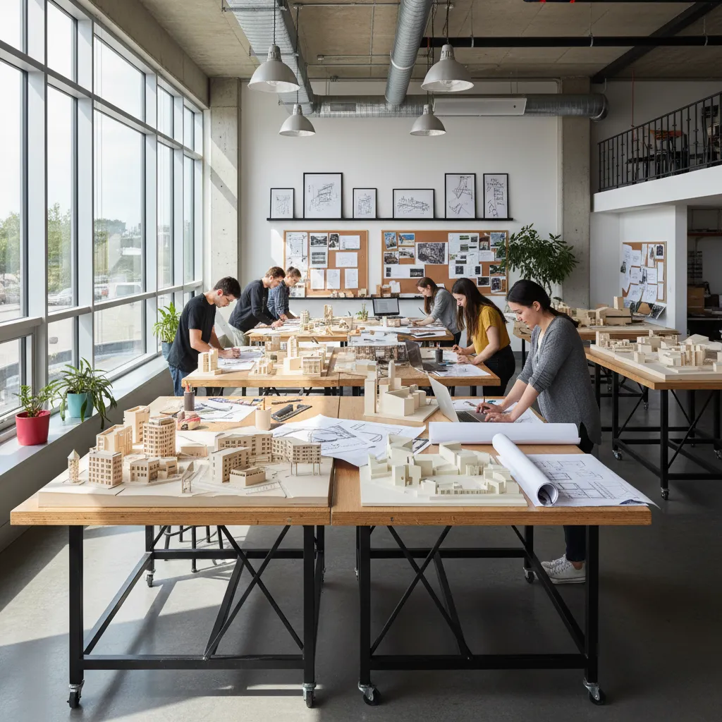 Group of students working on scale building models in a large bright studio with windows