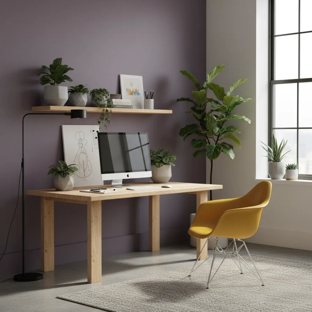 Estudio creativo con pared morada y silla amarilla