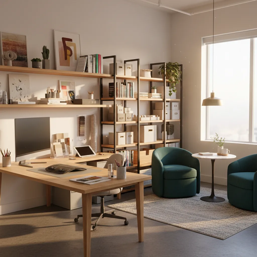 Estudio creativo pequeño con diseño organizado para trabajar y recibir clientes