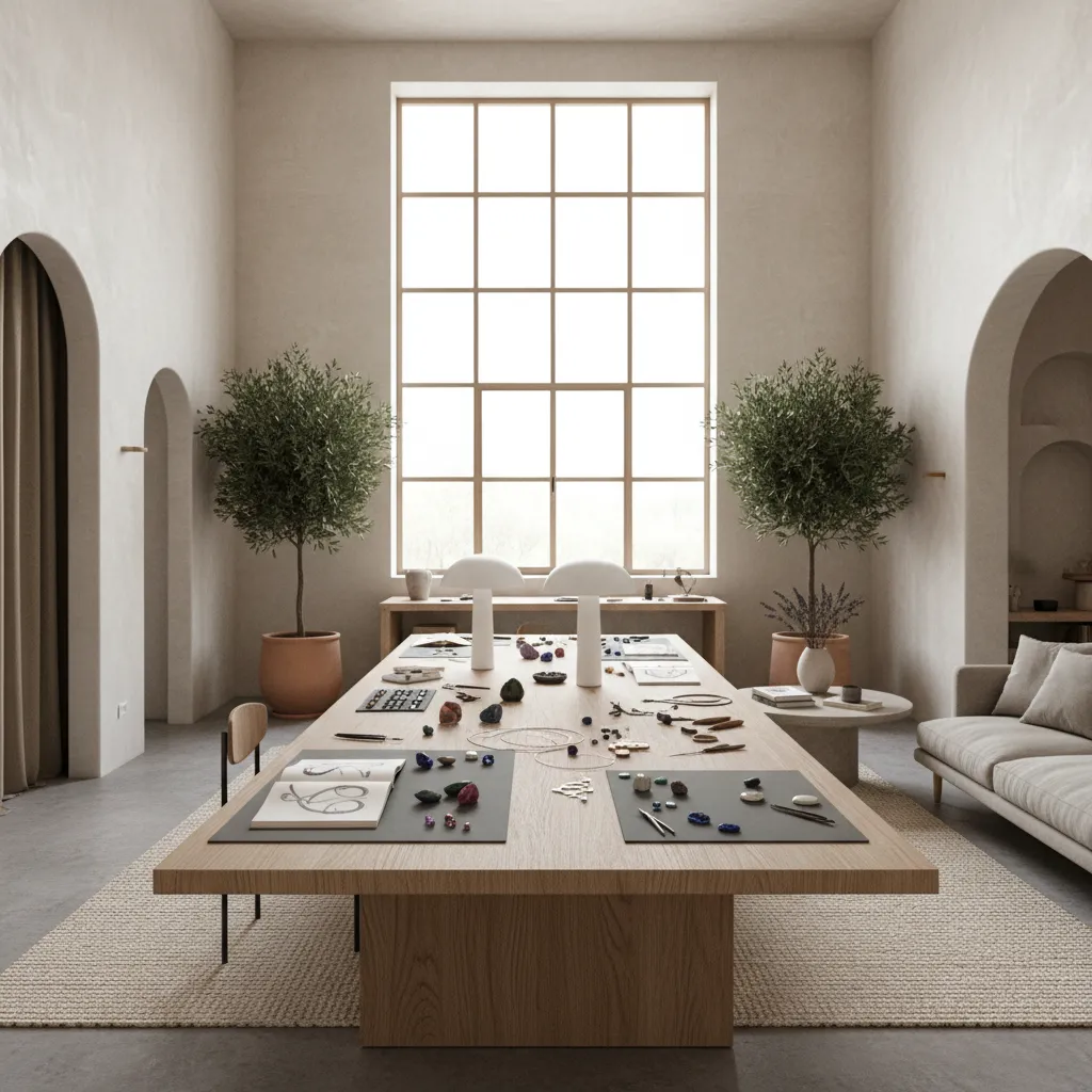Estudio creativo luminoso con mesa grande junto a ventana