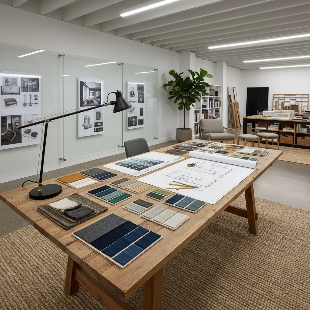 Mesa con muestras de telas, paletas de colores y planos de diseño interior