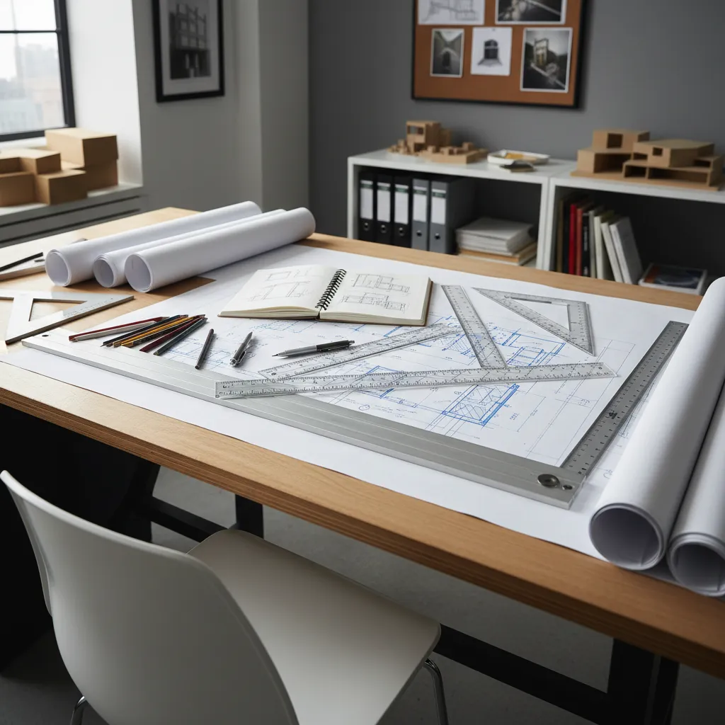 Mesa de trabajo con planos arquitectónicos, regla y lápices de dibujo