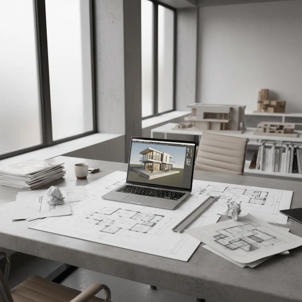 Mesa de trabajo con planos arquitectónicos y laptop mostrando un modelo de casa
