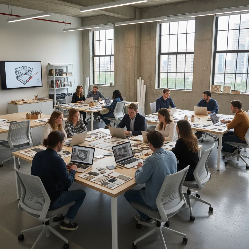 Estudiantes de interiorismo revisando planos y modelos en un aula de diseño