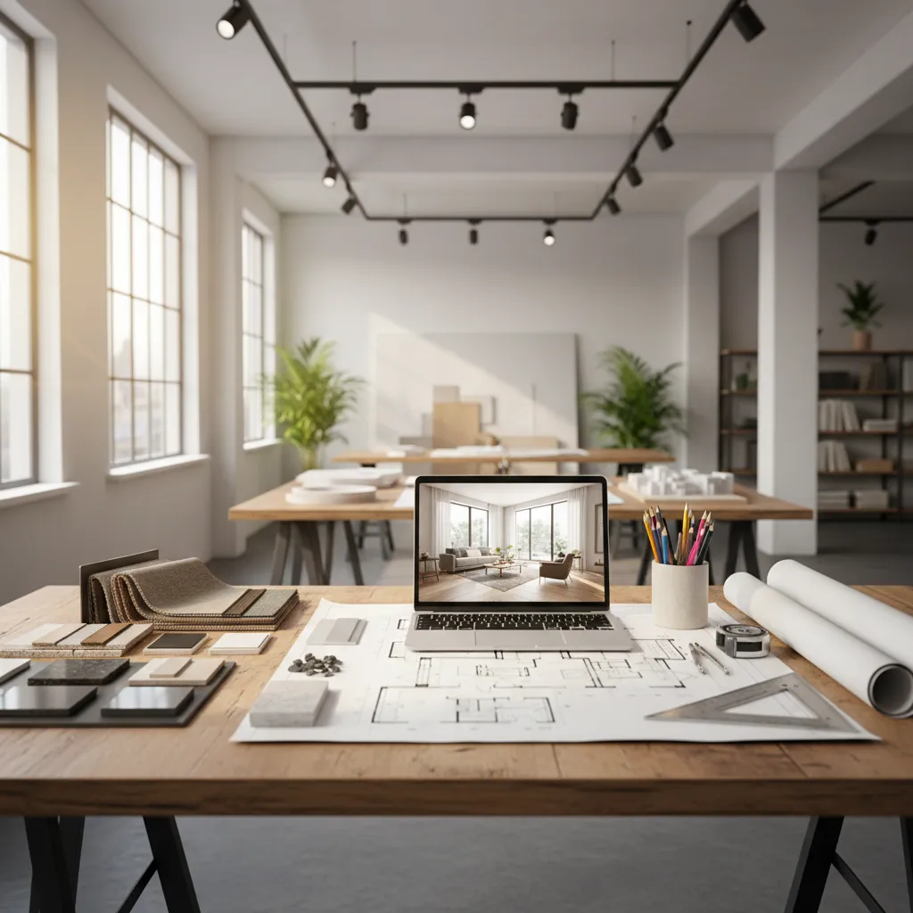 Room layout drawing on wooden desk with laptop showing interior design and various material samples