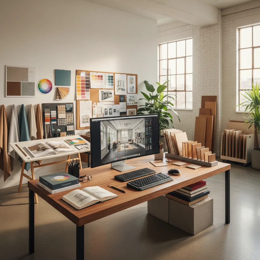 Estudio de diseño de interiores con muestras de materiales y bocetos