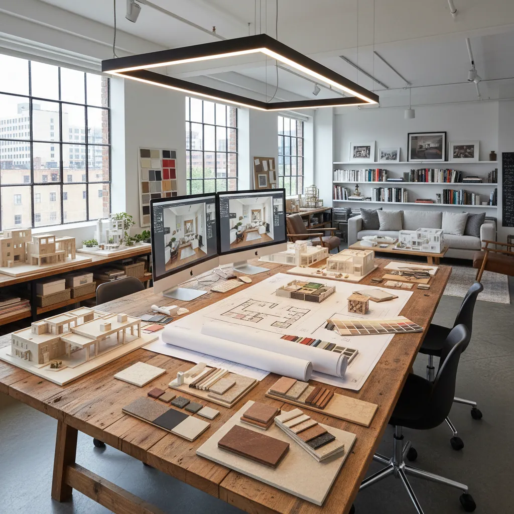 Estudio de diseño interior con muestras de materiales y planos