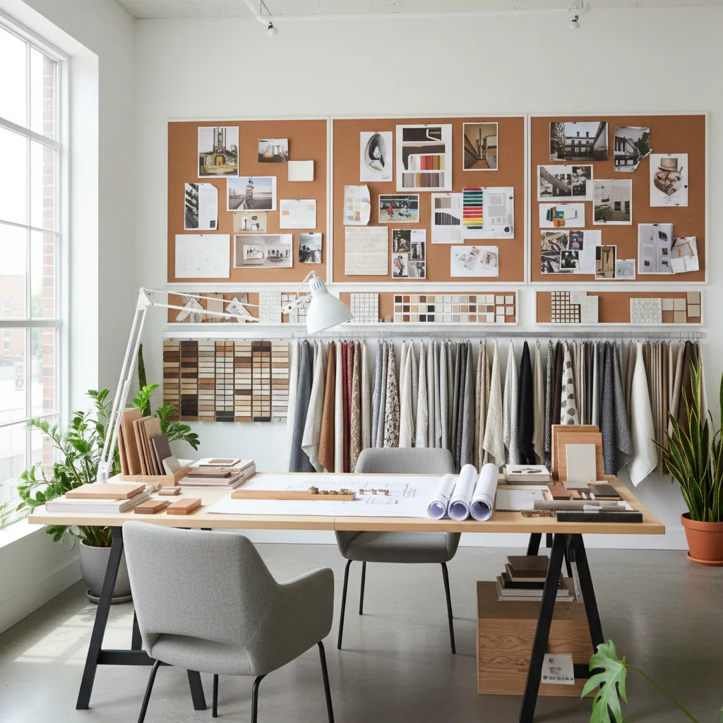 Interior design workspace with wooden desk, grey chairs, blueprints, fabric samples, and corkboards on wall