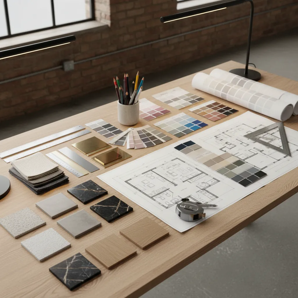 Mesa de trabajo con muestras de materiales, planos y herramientas de diseño
