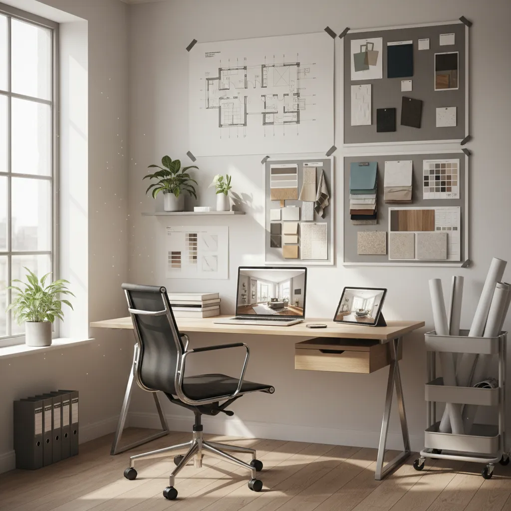 Pequeño estudio de diseño de interiores con planos, ordenador y muestras