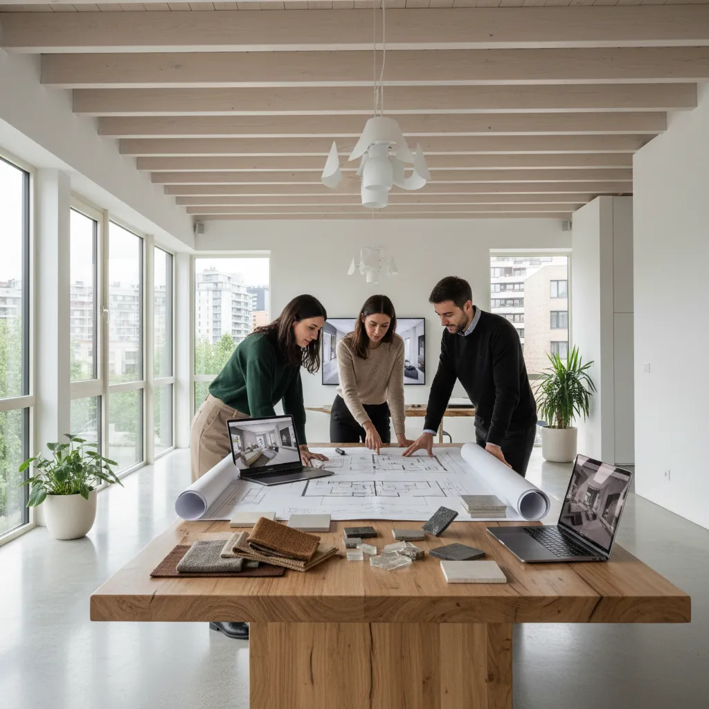 Three people reviewing floor plans on wooden table with laptops and interior design material samples
