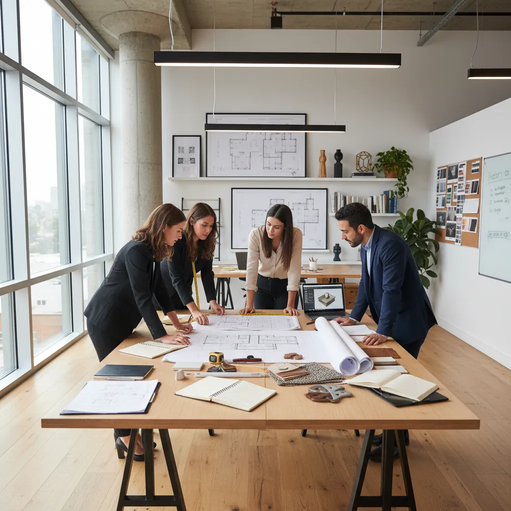 Equipo de diseñadores de interiores revisando planos en un estudio