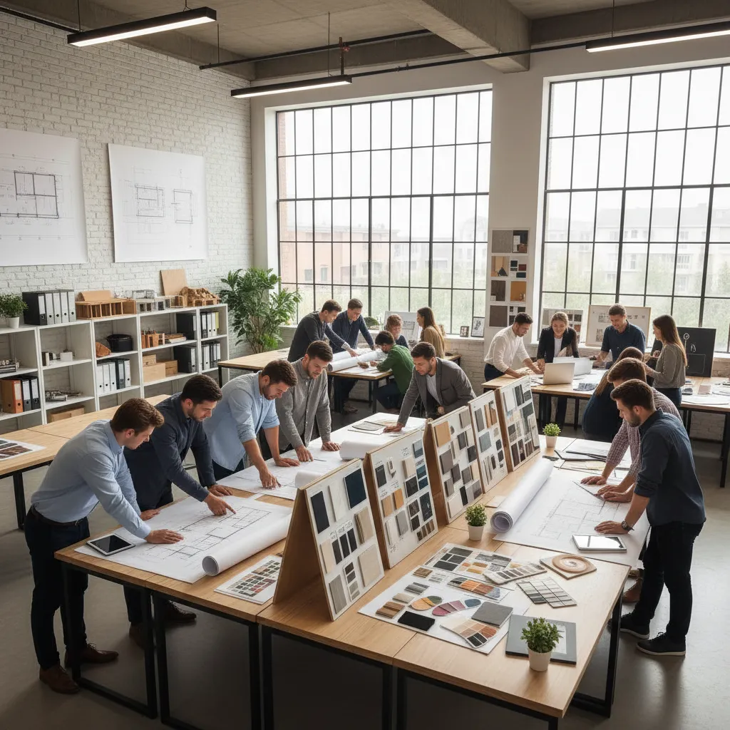 Aula de diseño de interiores con estudiantes revisando planos