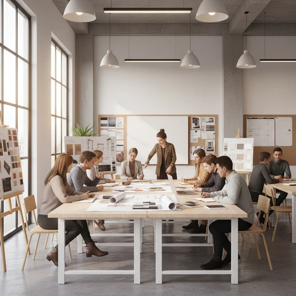 Clase de diseño de interiores con estudiantes revisando planos y muestras de materiales
